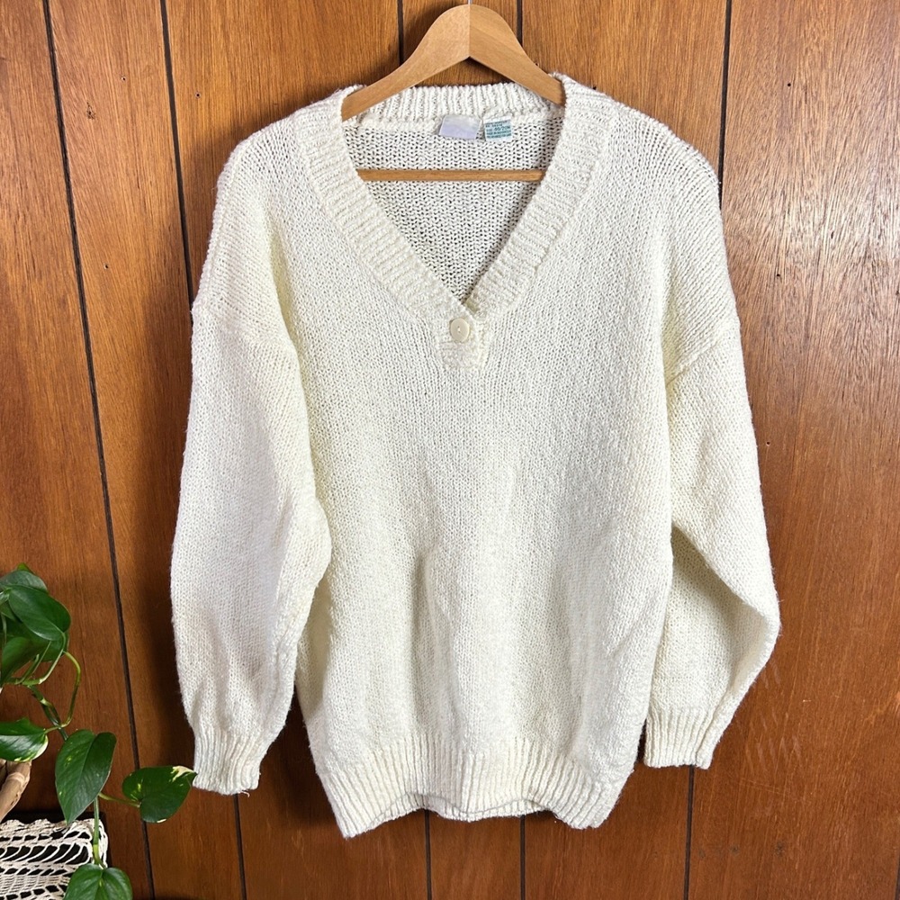 Vintage AKA Bay Cream Knit V-Neck Button Sweater Plus Size 20W Staple Piece‎